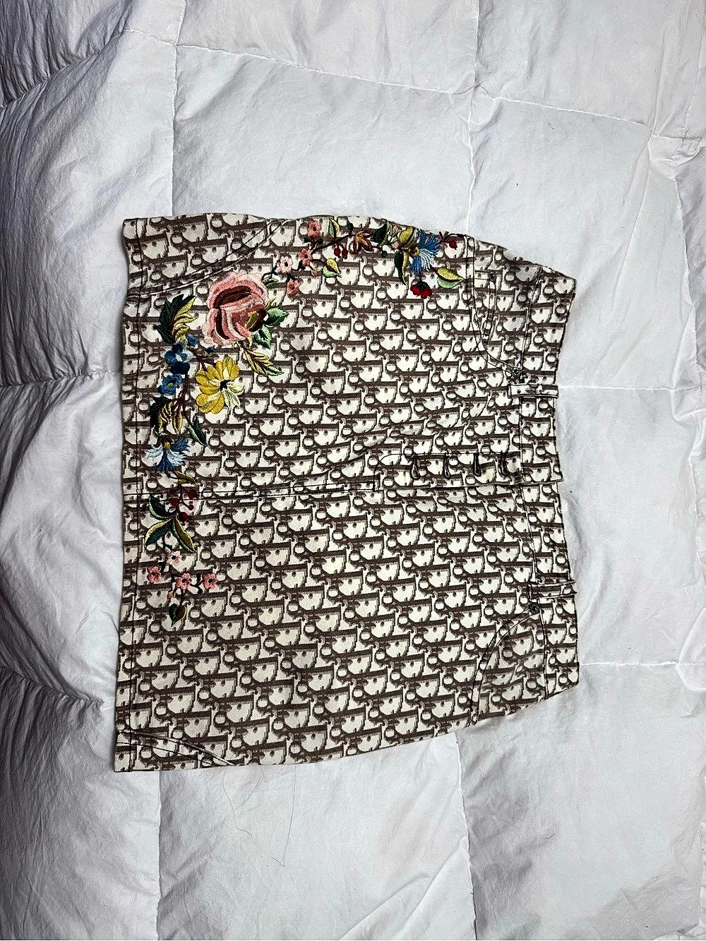 Vintage 2006 Christian Dior Oblique Embroidered Denim Mini Skirt Brown & Cream U